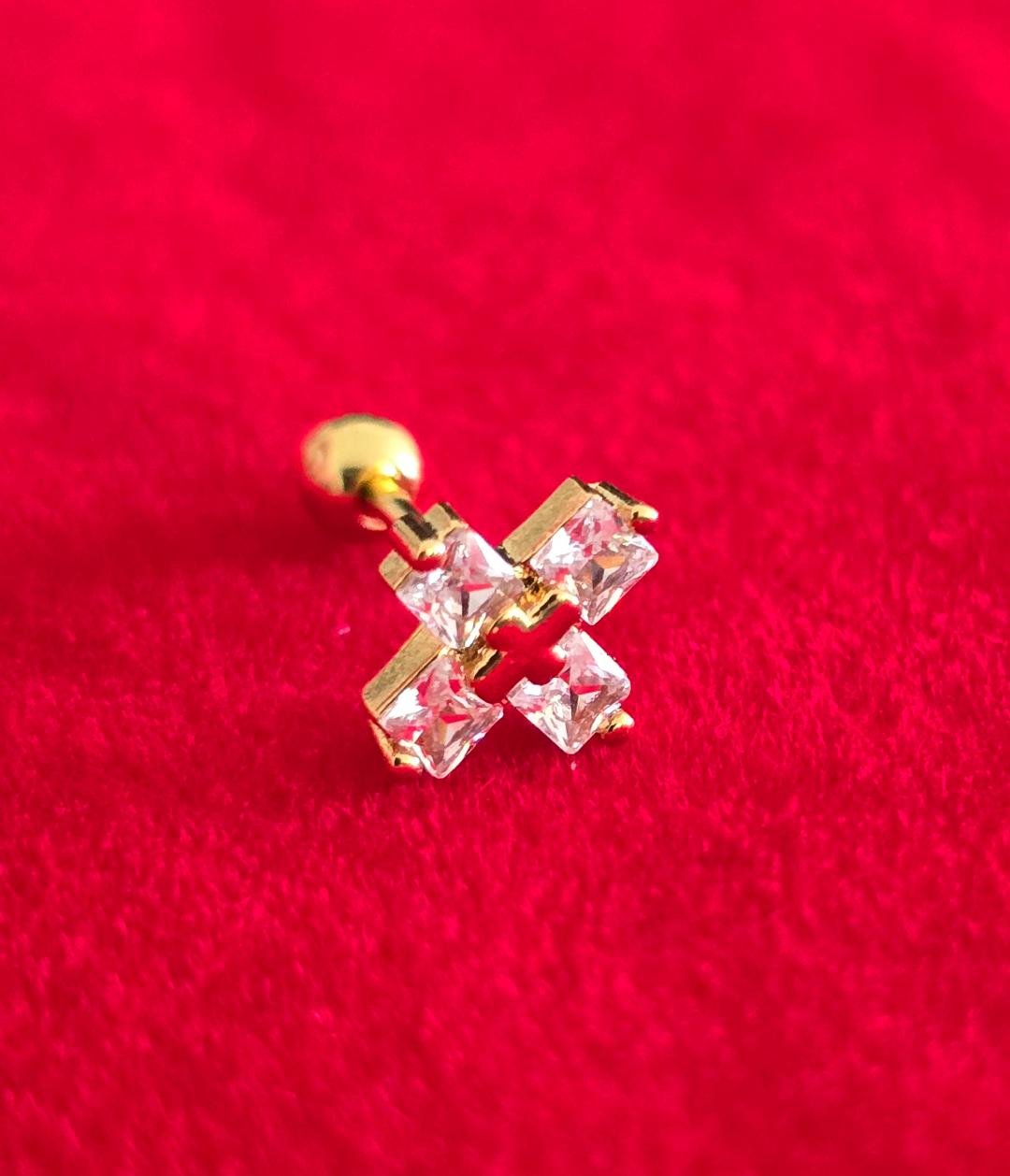 Surgical Steel Zirconia & Gold Tragus Cross Earrings 20G 0.8x6mm