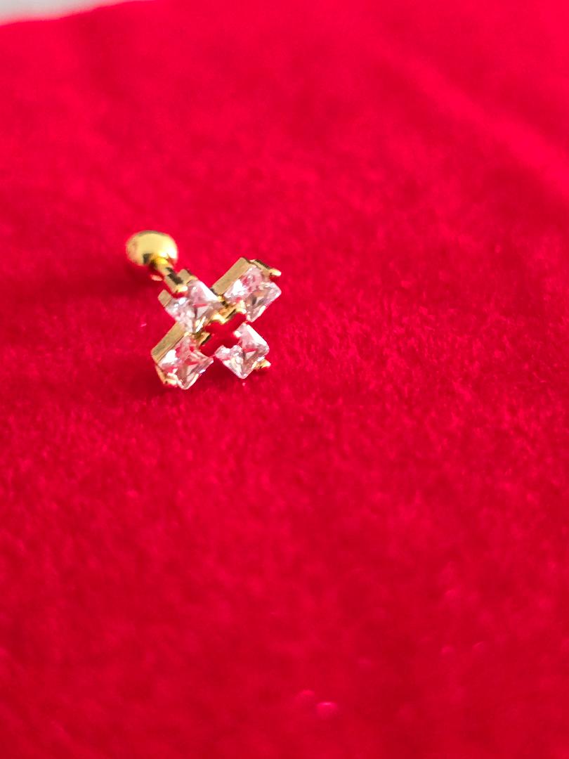 Surgical Steel Zirconia & Gold Tragus Cross Earrings 20G 0.8x6mm