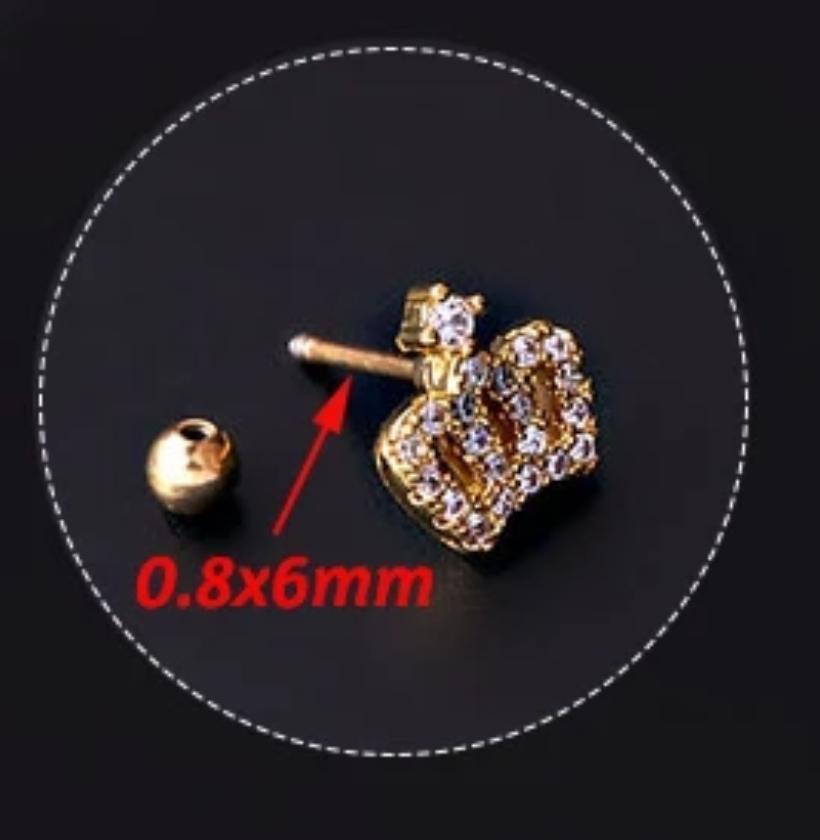 Surgical Steel Zirconia & Gold Tragus Crown Piercing  Earrings  0.8x6mm