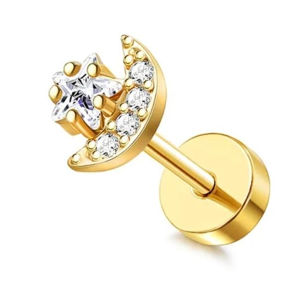 Surgical Steel Earring zircon Moon Piercing Gold Tragus 20G 0.8x6