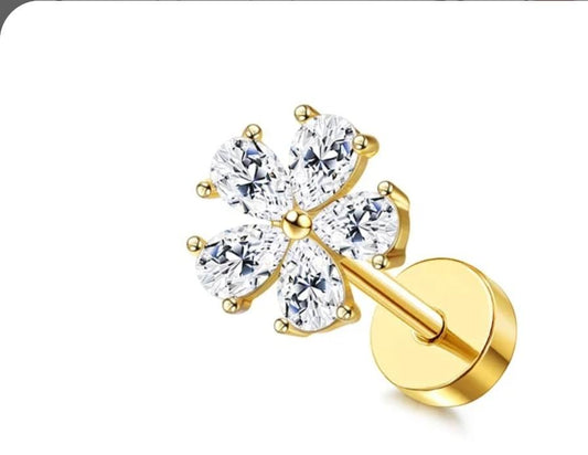 Surgical Steel Earring Piercing Gold Tragus 20G 0.8x6mm Zircon Flower