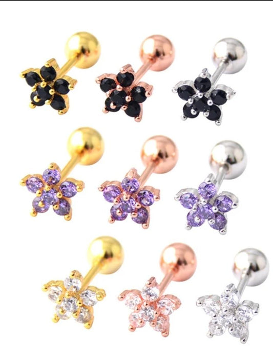 Ear Piercing Flower -Zirconia Earring for Cartilage, Steel Titanium