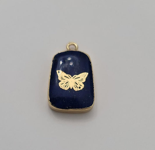 Lapis Lazuli Natural Stone Gem Pendant, Golden Butterfly Accent and Golden Coverage.