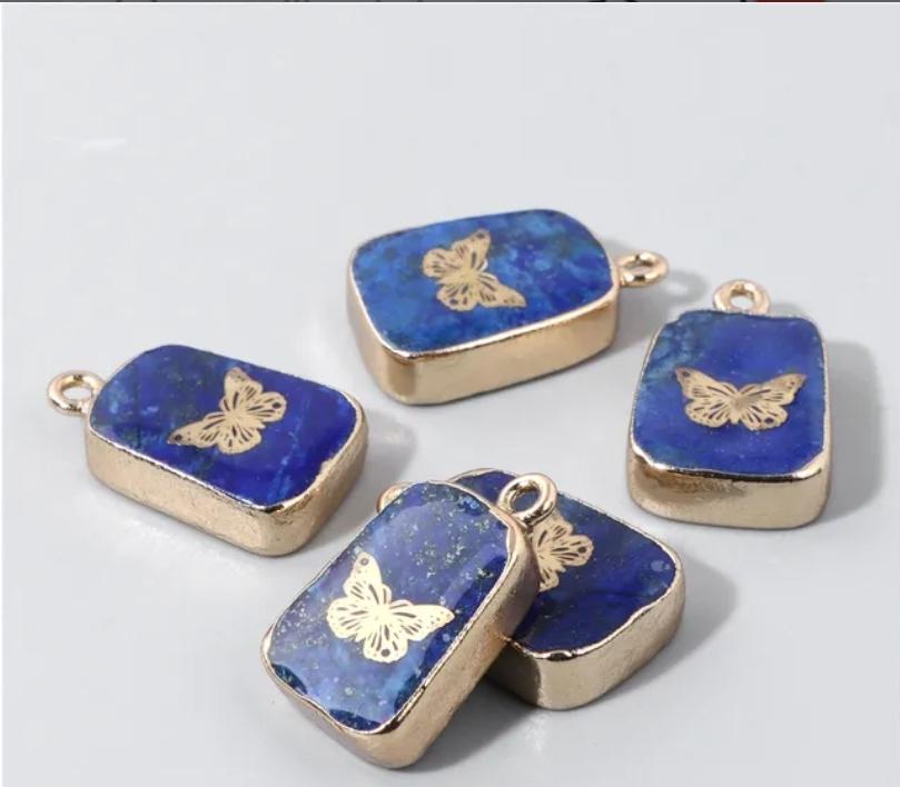 Lapis Lazuli Natural Stone Gem Pendant, Golden Butterfly Accent and Golden Coverage.