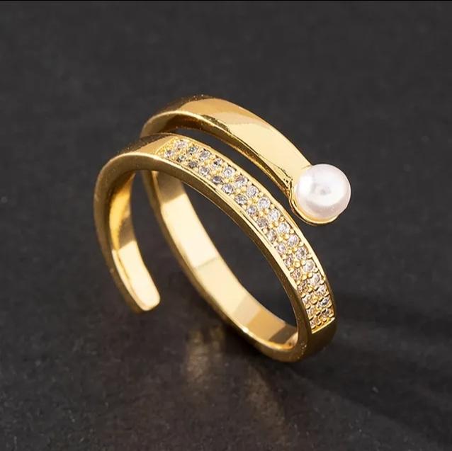 Stainless Steel Adjustable Ring Accent Zircon and  Pearl