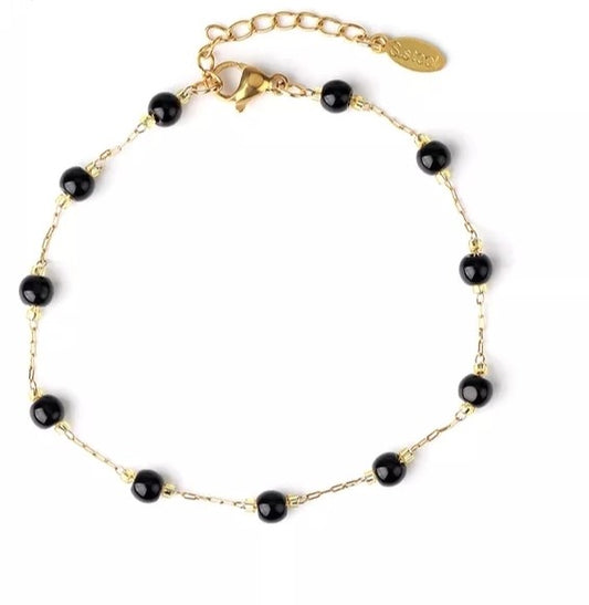 Black Obsidian Gold Stainless Steel Women's and Girls  Bracelet  Approx. 7" + 2