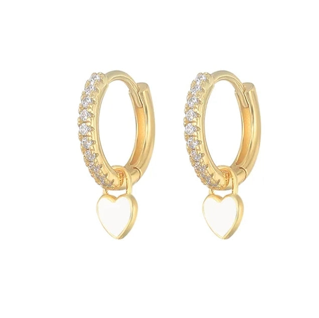 Hoop Earring Gold 925. Piercing  White Heart and ZC Accent