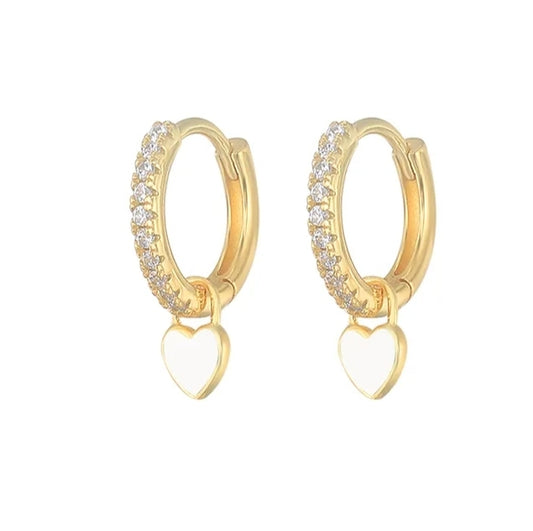 Hoop Earring Gold 925. Piercing  White Heart and ZC Accent