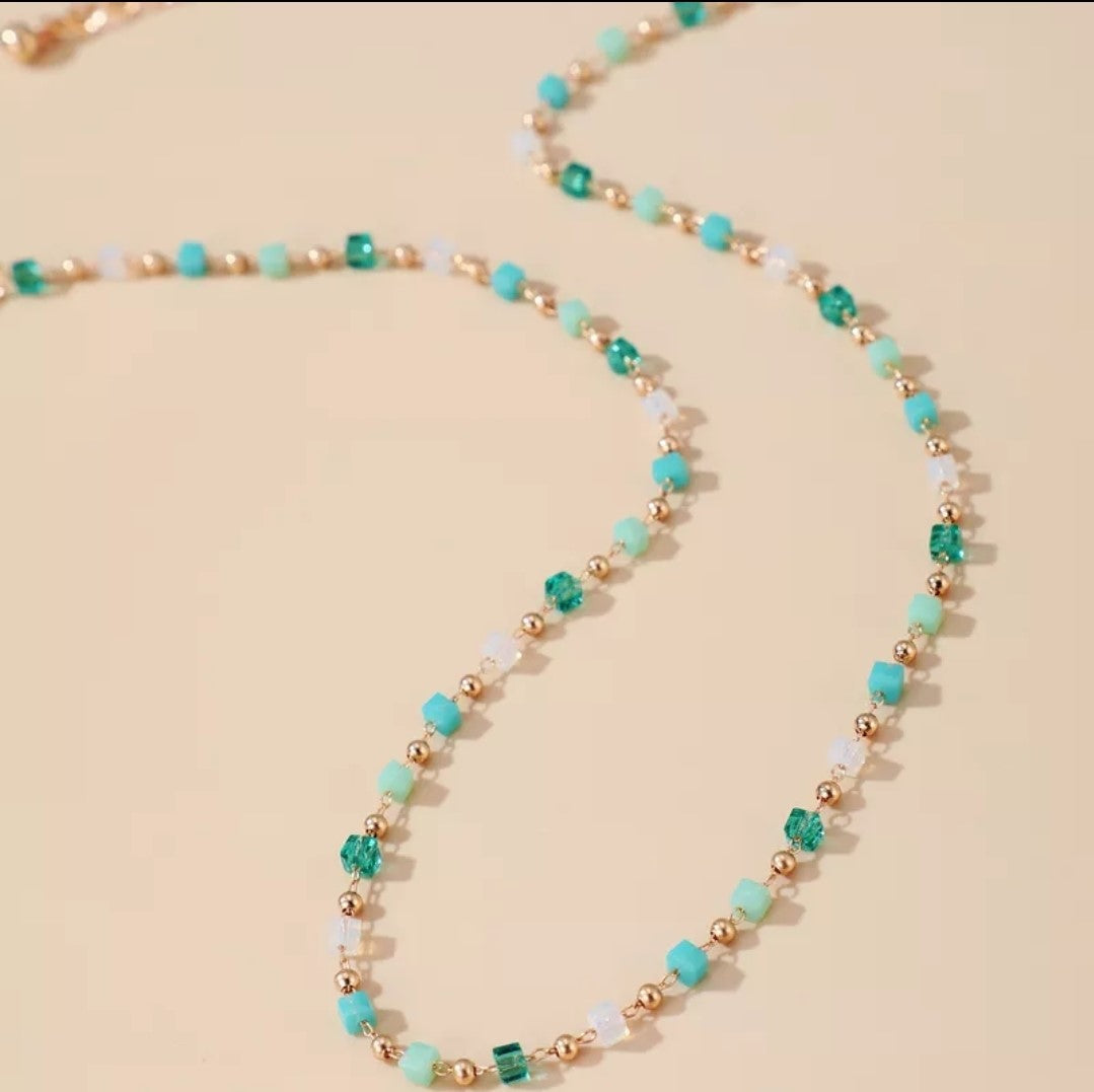 Green Mud Color and Rose Gold Bead Chain Necklace